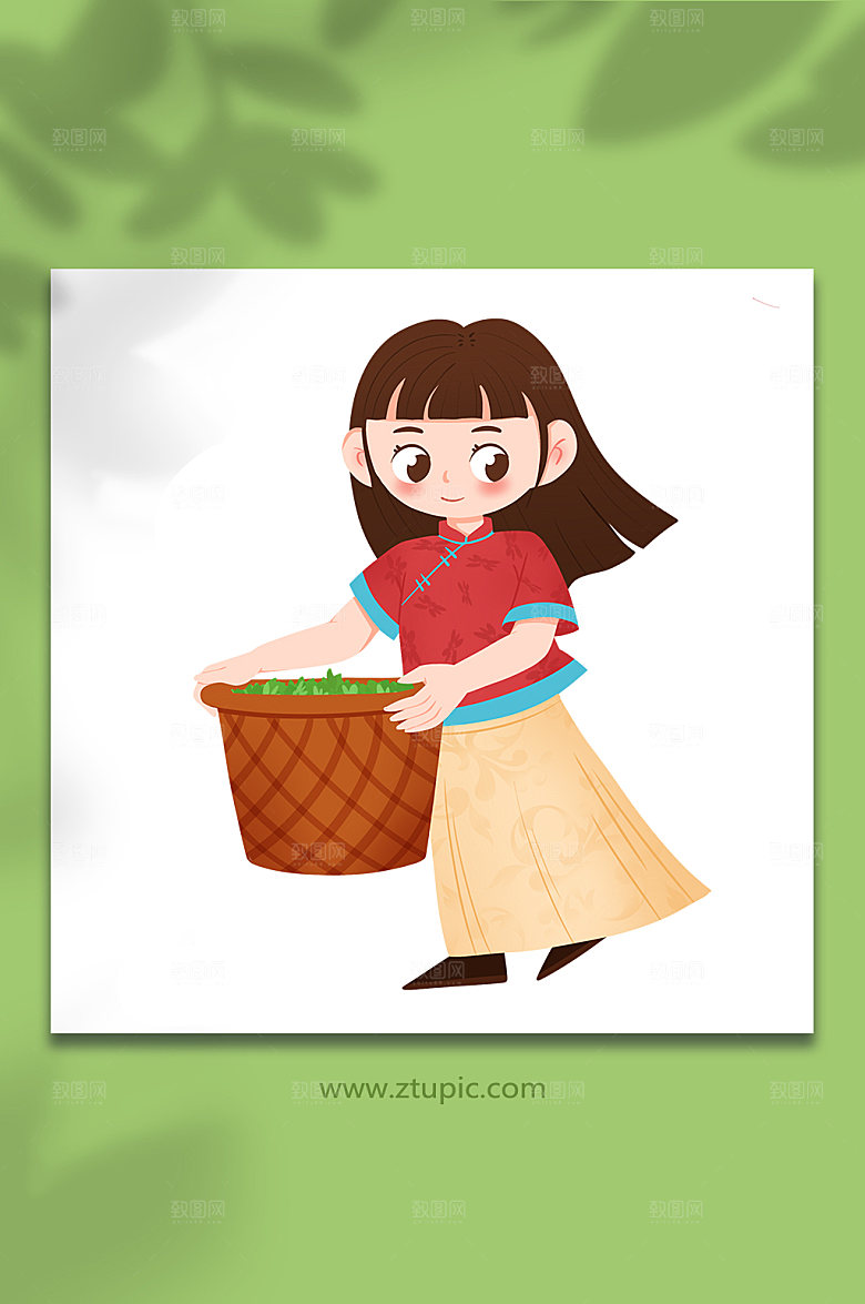 扁平提筐采茶茶叶人物插画设计