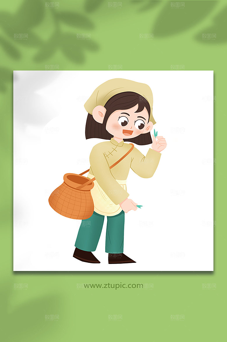 卡通背篓采茶茶叶人物插画素材