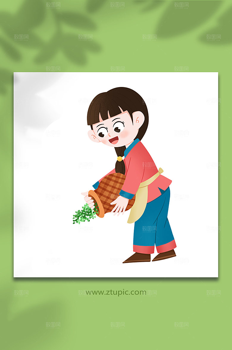 卡通收集茶叶采茶人物插画素材