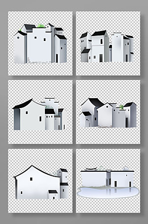 中国风白墙黑瓦徽派建筑插画元素