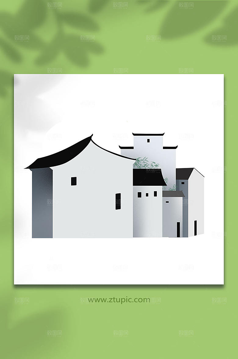卡通竹叶江南徽派建筑插画素材
