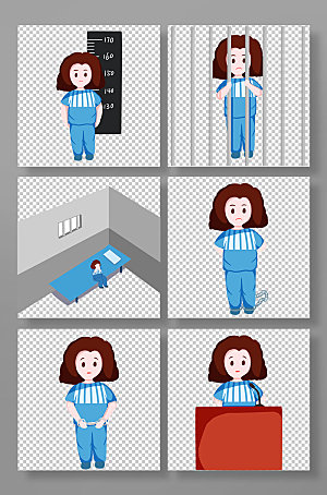 卡通审讯监狱手铐女囚犯插画素材