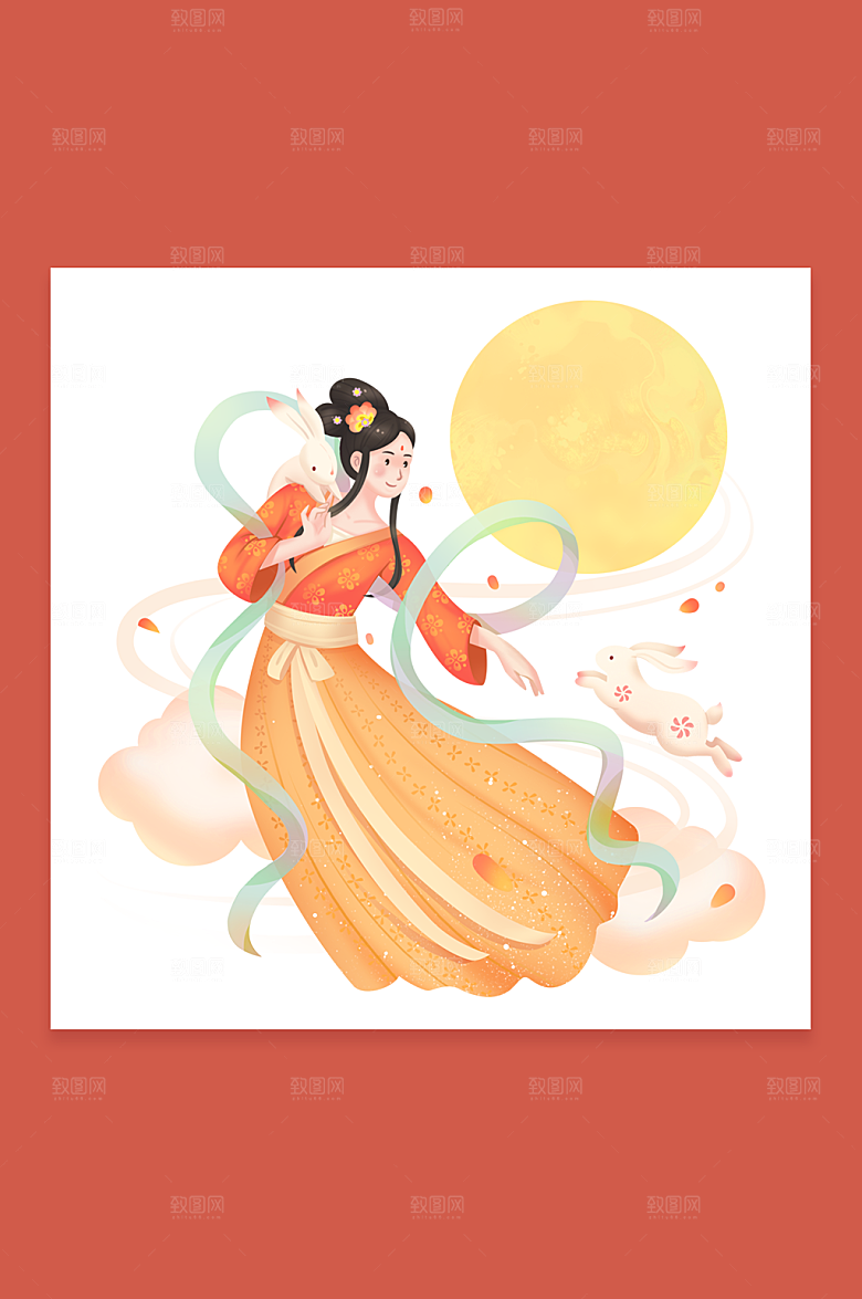 卡通嫦娥飞舞团圆中秋节插画素材