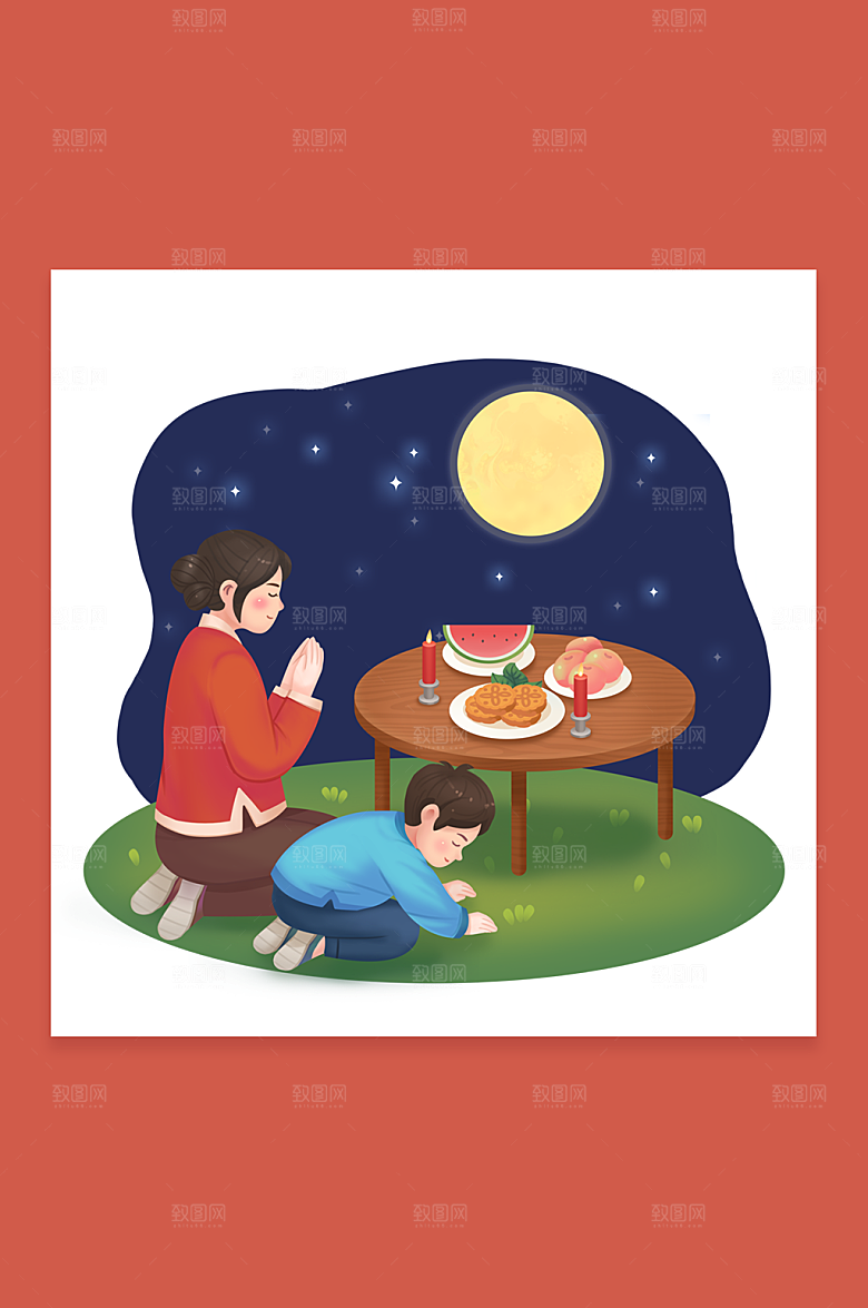 卡通祭拜中秋节人物插画素材
