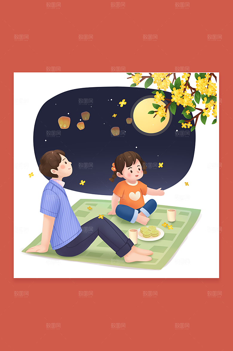 简约赏月中秋节人物插画设计