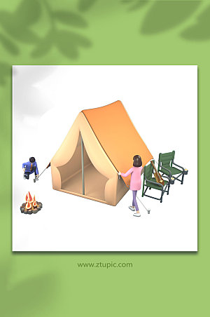 卡通露营野餐3D立体模型元素