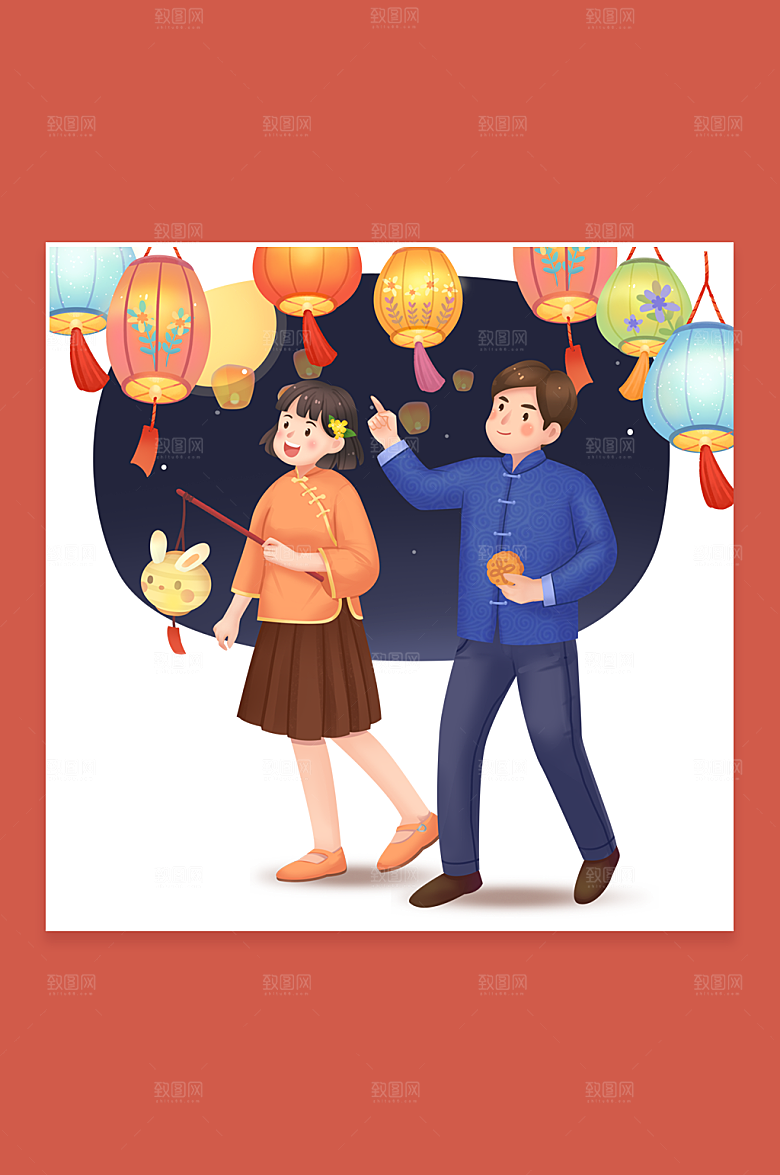 扁平中秋赏花灯中秋节插画设计