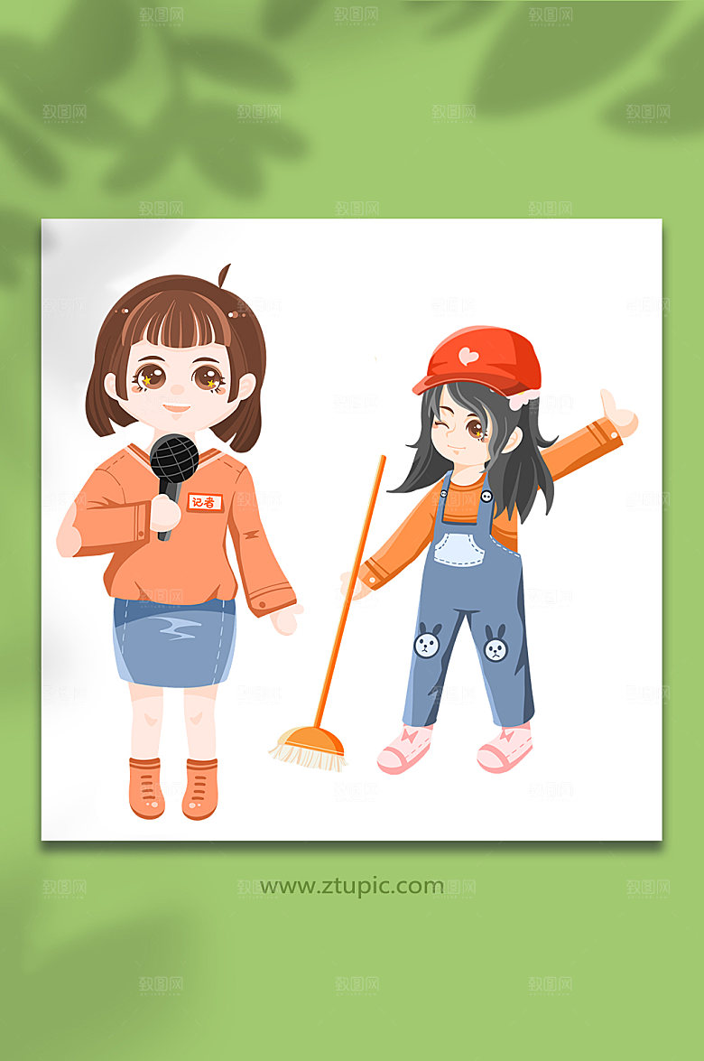 可爱记者采访志愿者垃圾清理人物插画