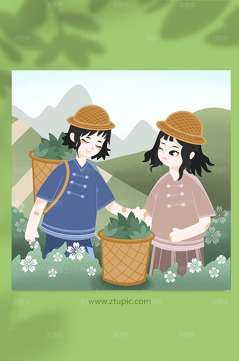卡通姐妹采茶女孩人物插画素材