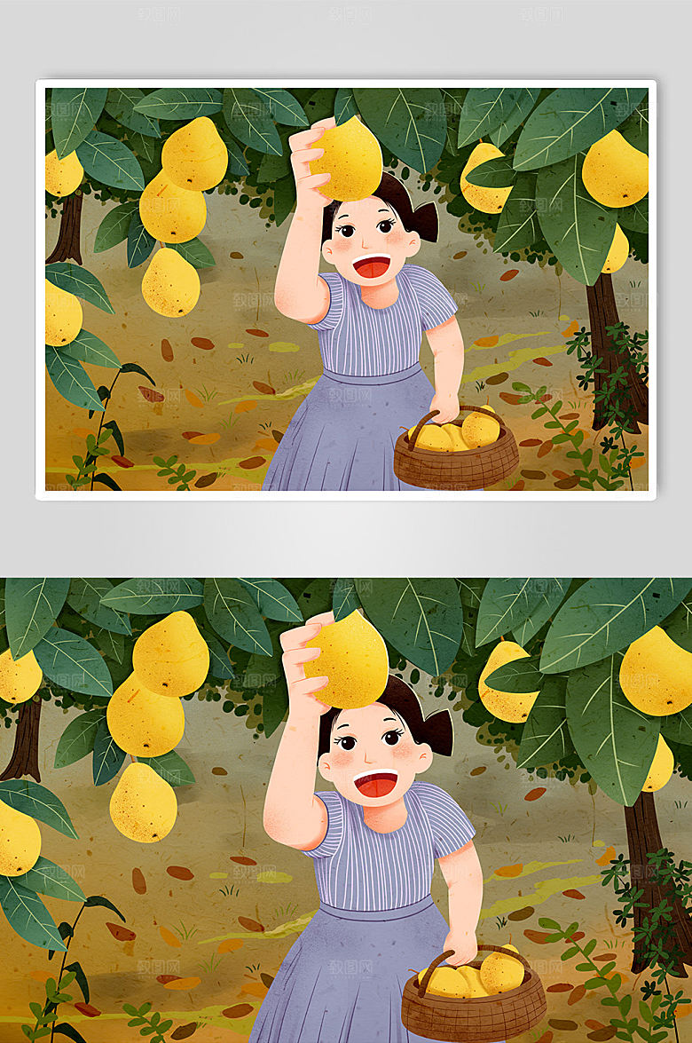 卡通摘梨女孩立秋插画素材