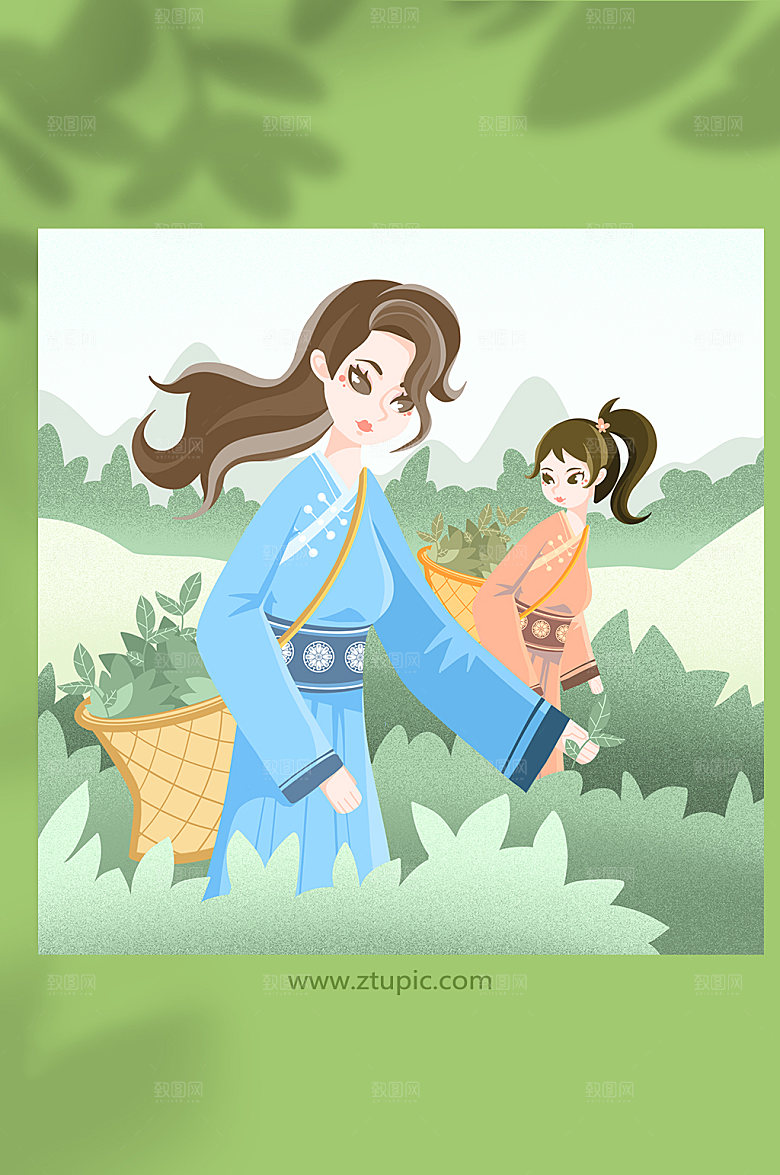 卡通姑娘采茶茶叶人物插画素材