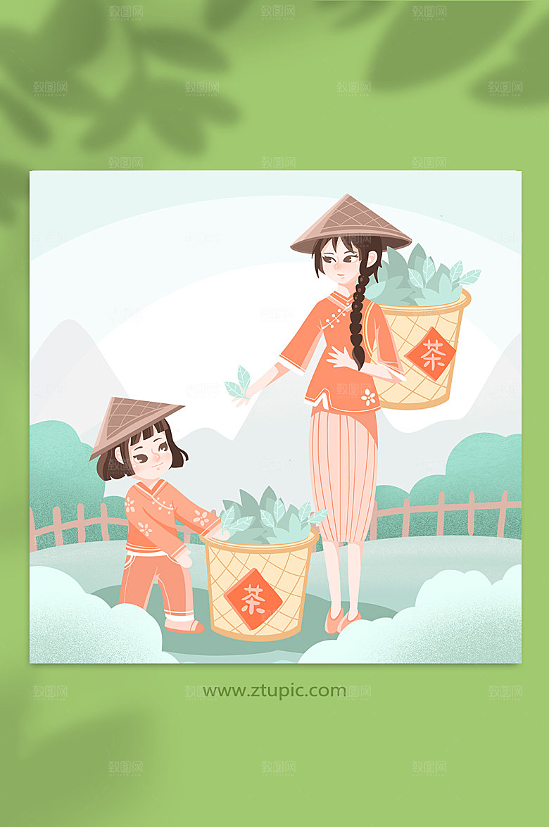 卡通采茶姑娘茶篓人物插画素材