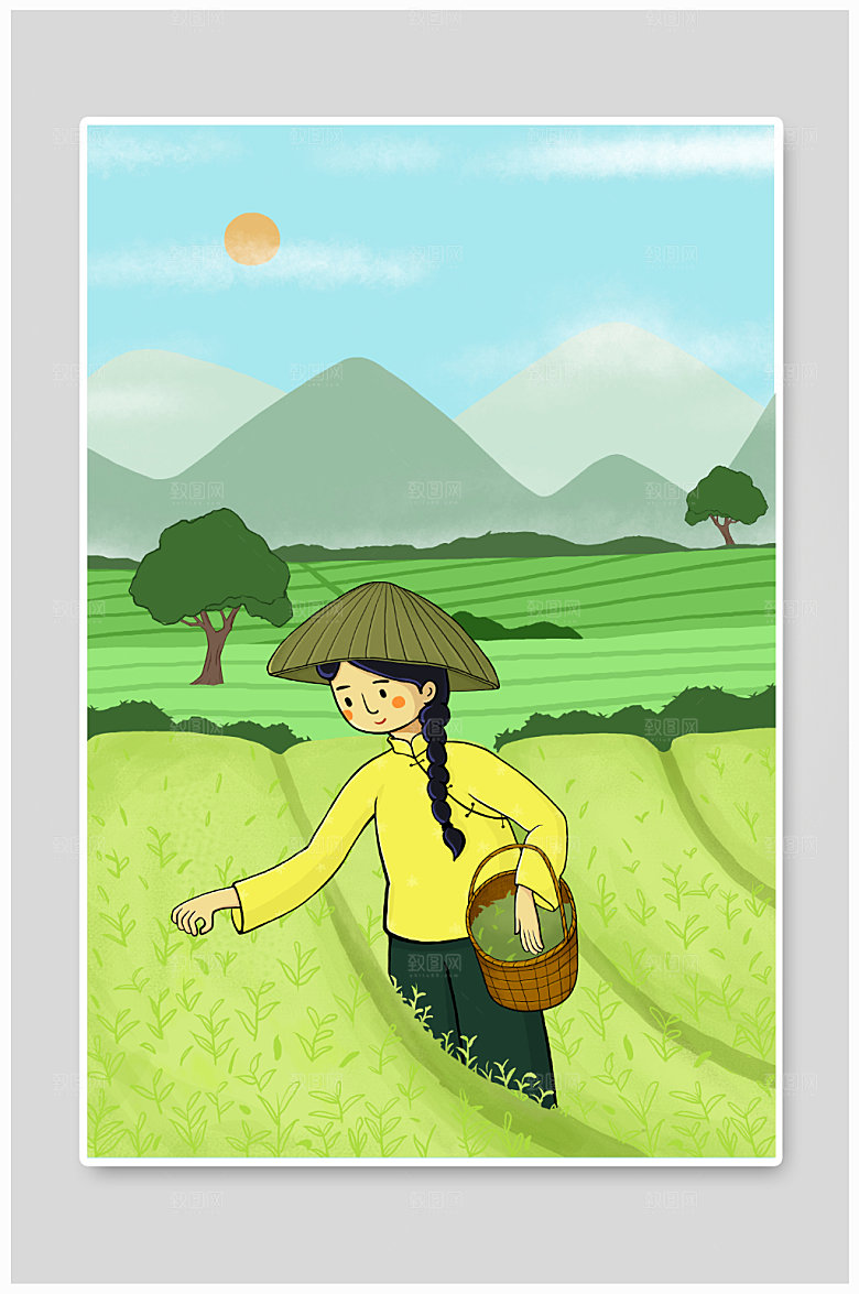 卡通女采茶姑娘人物插画素材
