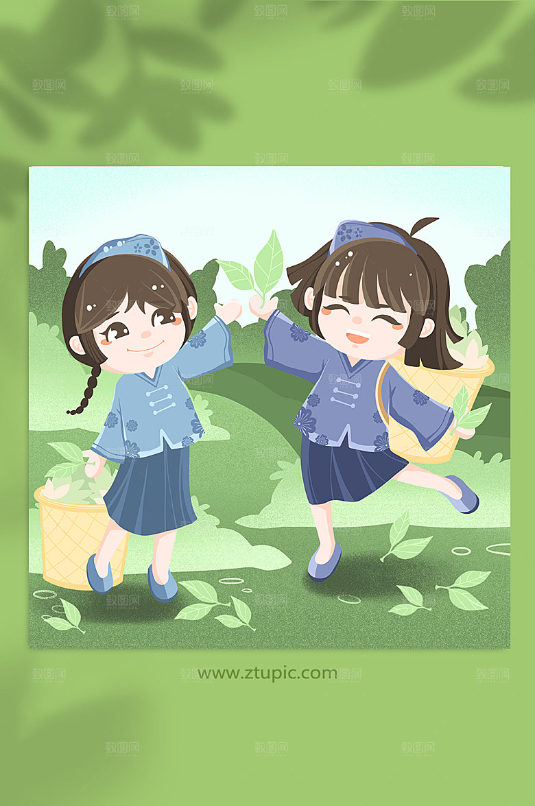 卡通采茶姑娘采茶人物插画素材