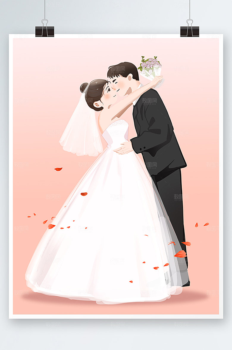 清新情侣婚纱照婚礼人物插画模板