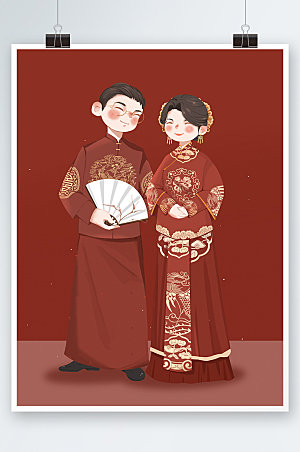 卡通中式喜服婚纱照人物插画素材