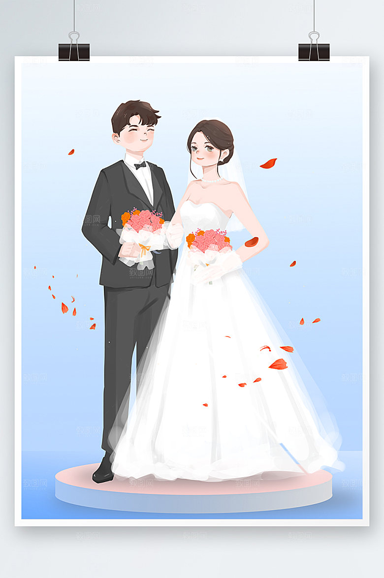 卡通西式情侣婚纱照人物插画设计