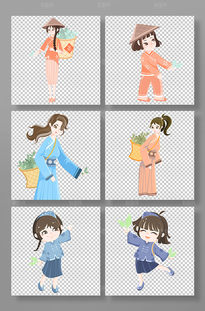 卡通采茶少女茶园文化人物插画