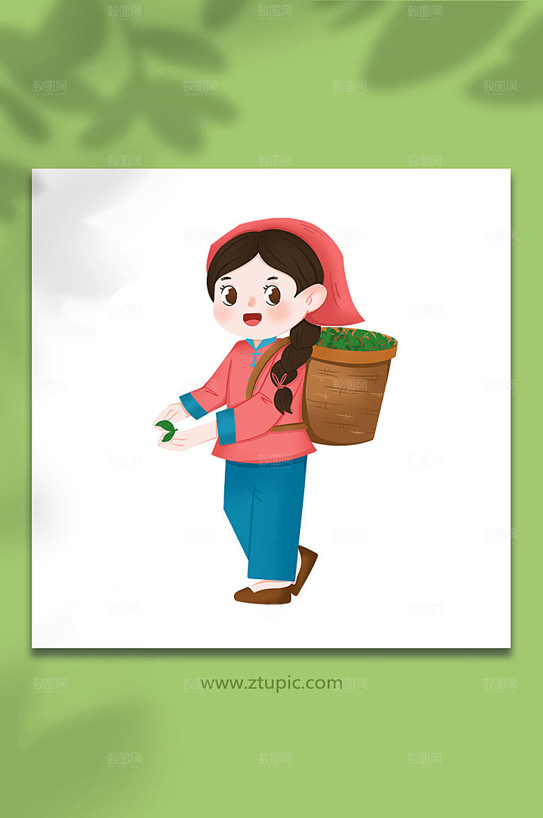 扁平采茶女茶叶人物插画素材