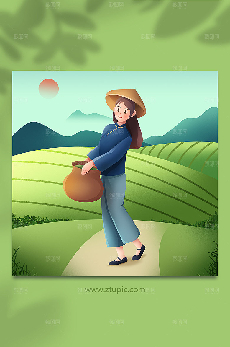 卡通采茶女茶叶人物插画设计