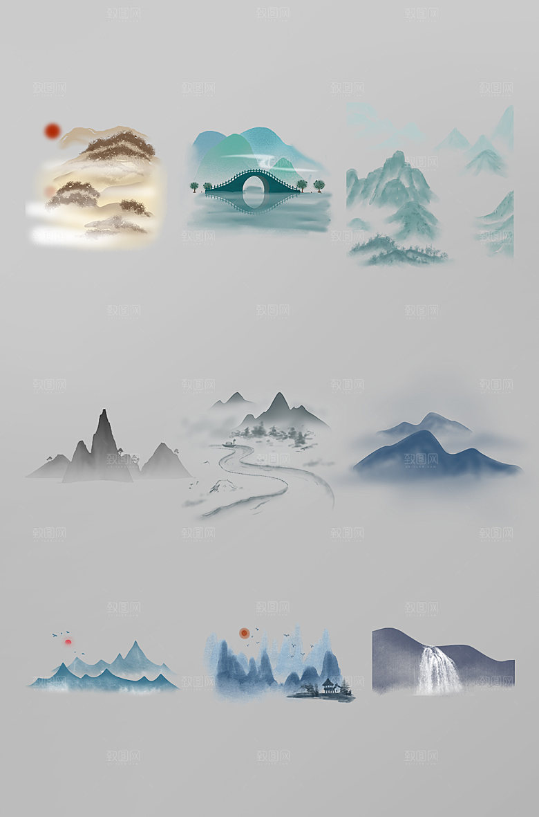 简约山水水墨插画免扣元素