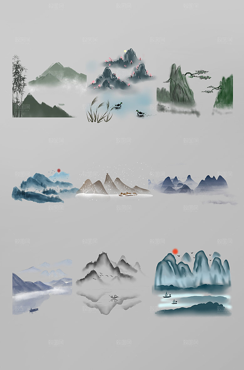 手绘山水水墨插画免扣元素