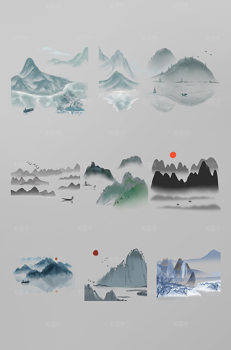 手绘山水水墨插画免扣元素