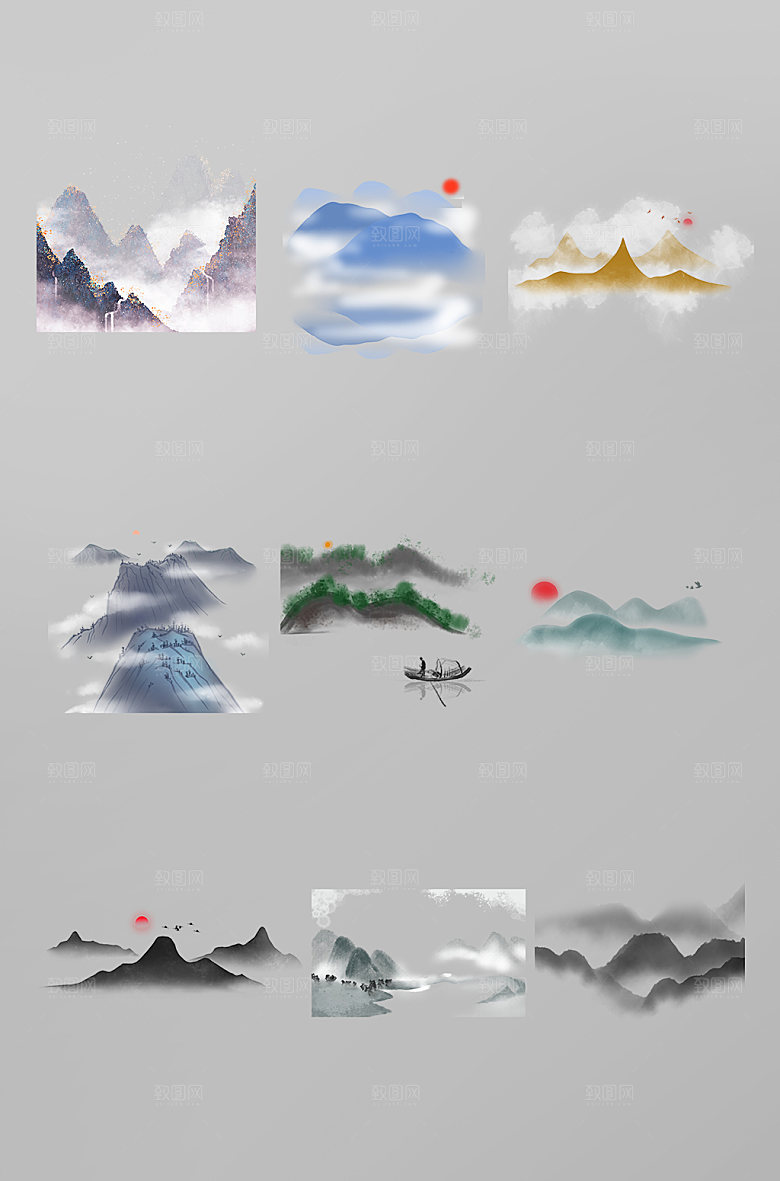 原创山水水墨插画免扣元素