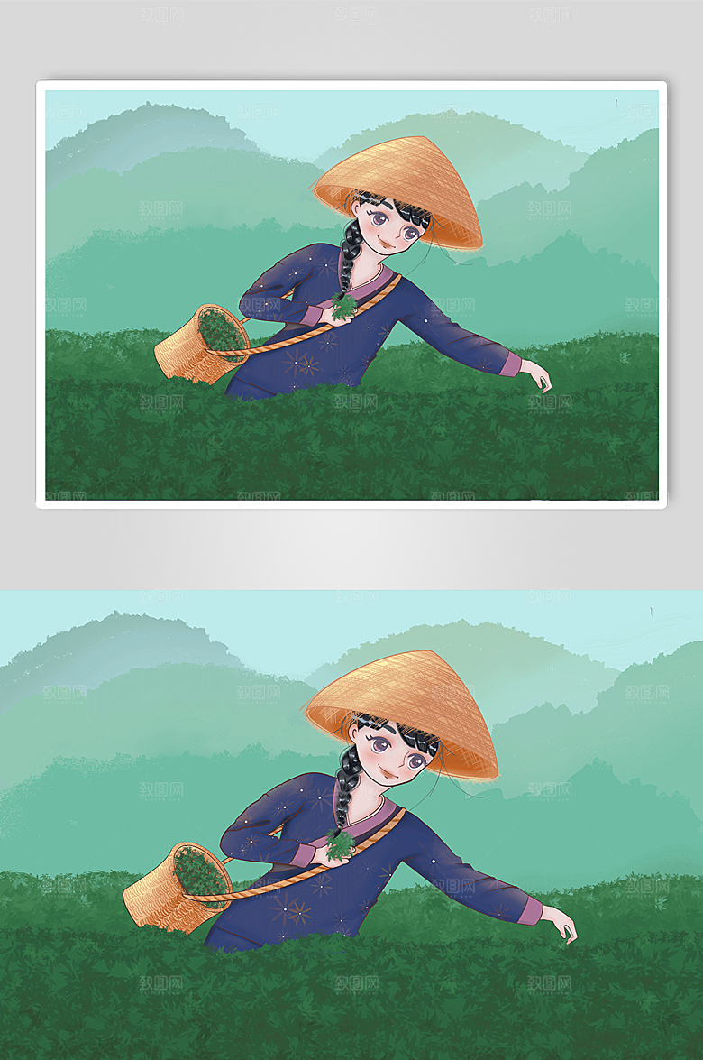 卡通采茶姑娘茶叶人物插画素材