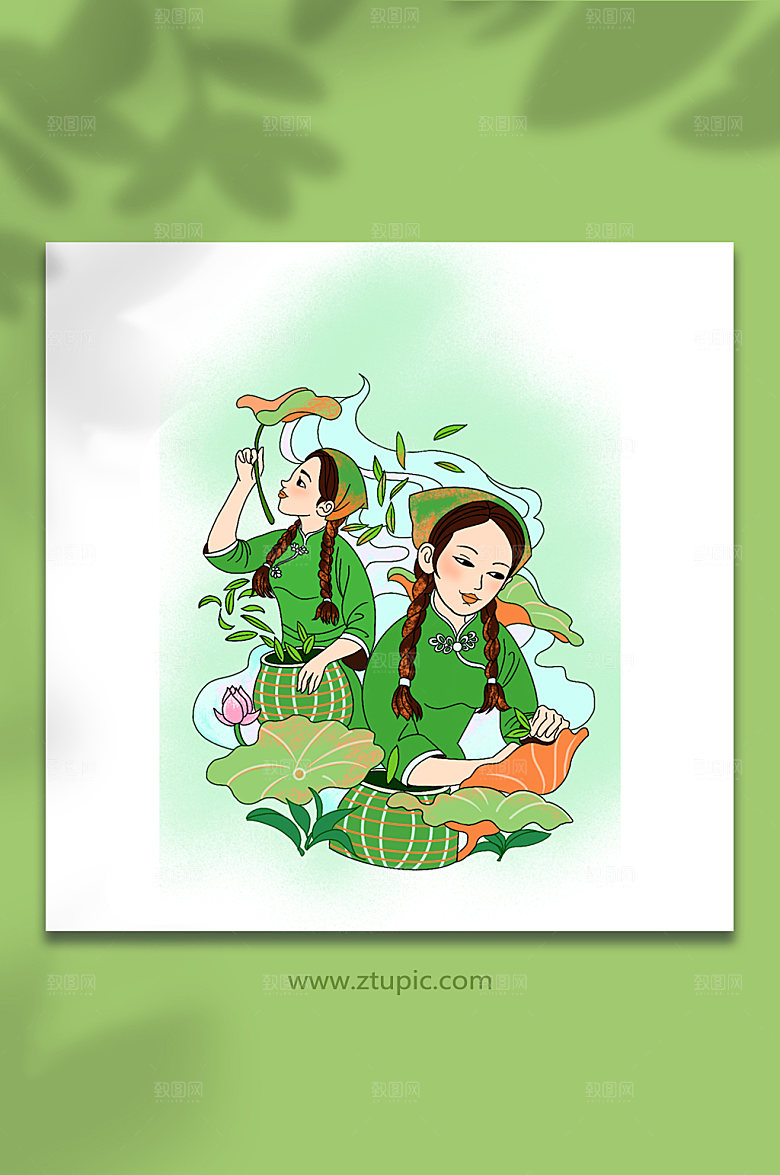 卡通采茶茶叶女人物插画素材