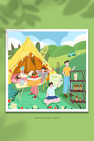 卡通夏季野餐露营人物插画模板