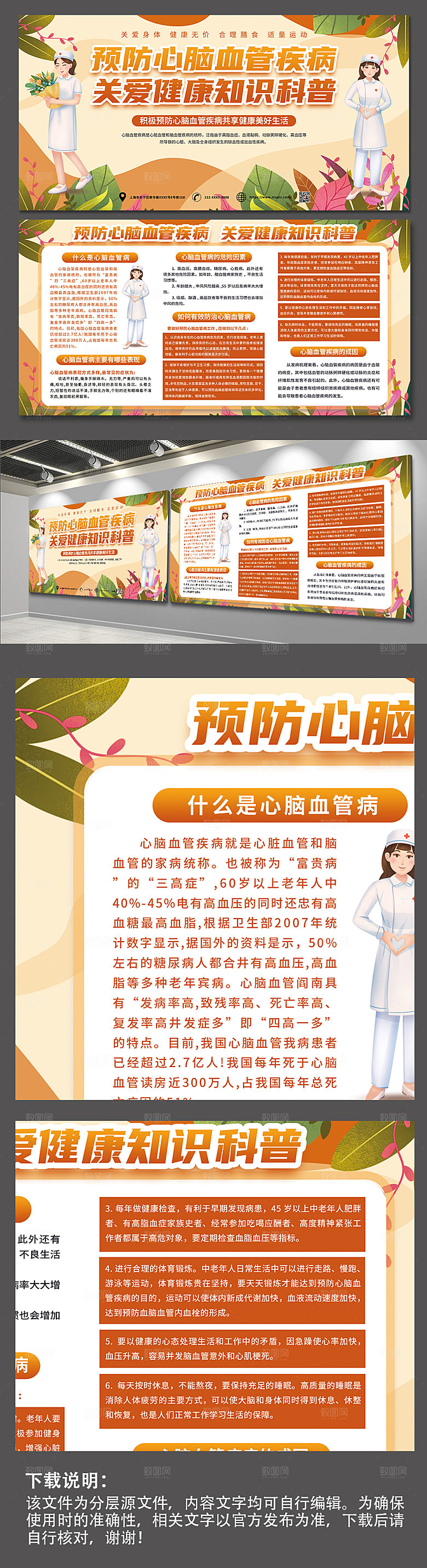 清新预防心脑血管疾病展板素材
