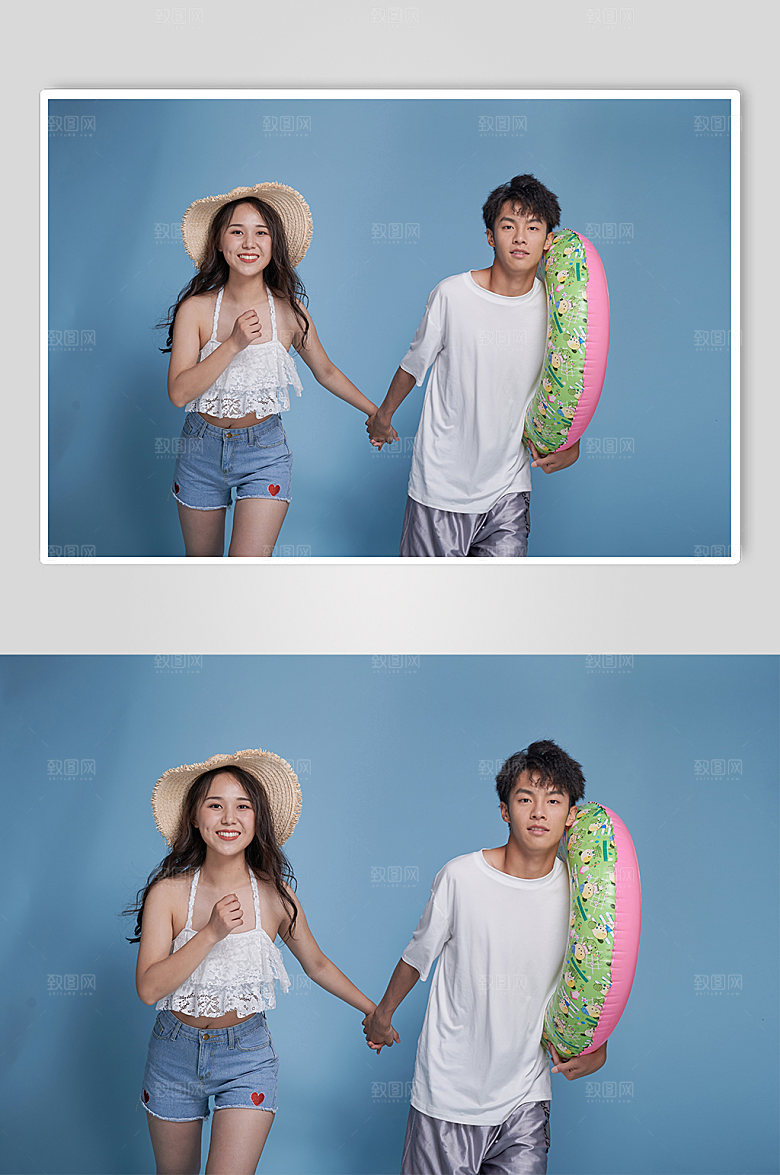 夏季情侣泳装奔跑人物精修摄影图