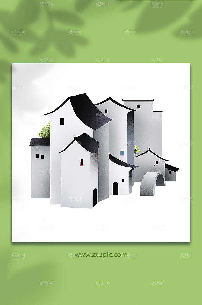 扁平古典民居古村建筑插画设计