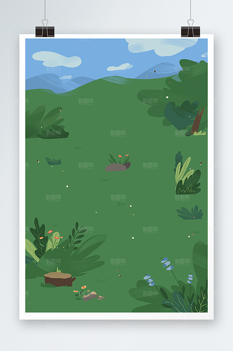 绿色春季扁平化露营插画背景