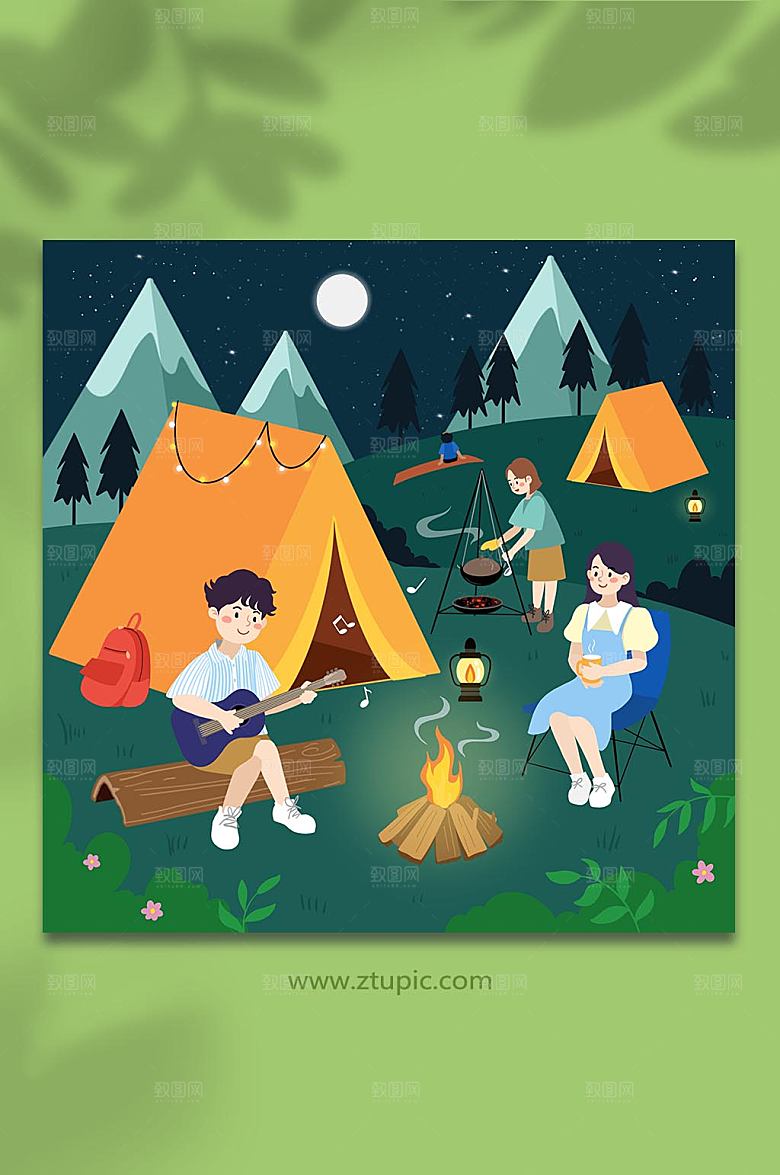 卡通郊游露营夜晚人物插画素材