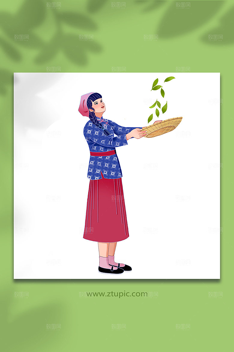 可爱翻茶女孩采茶元素插画