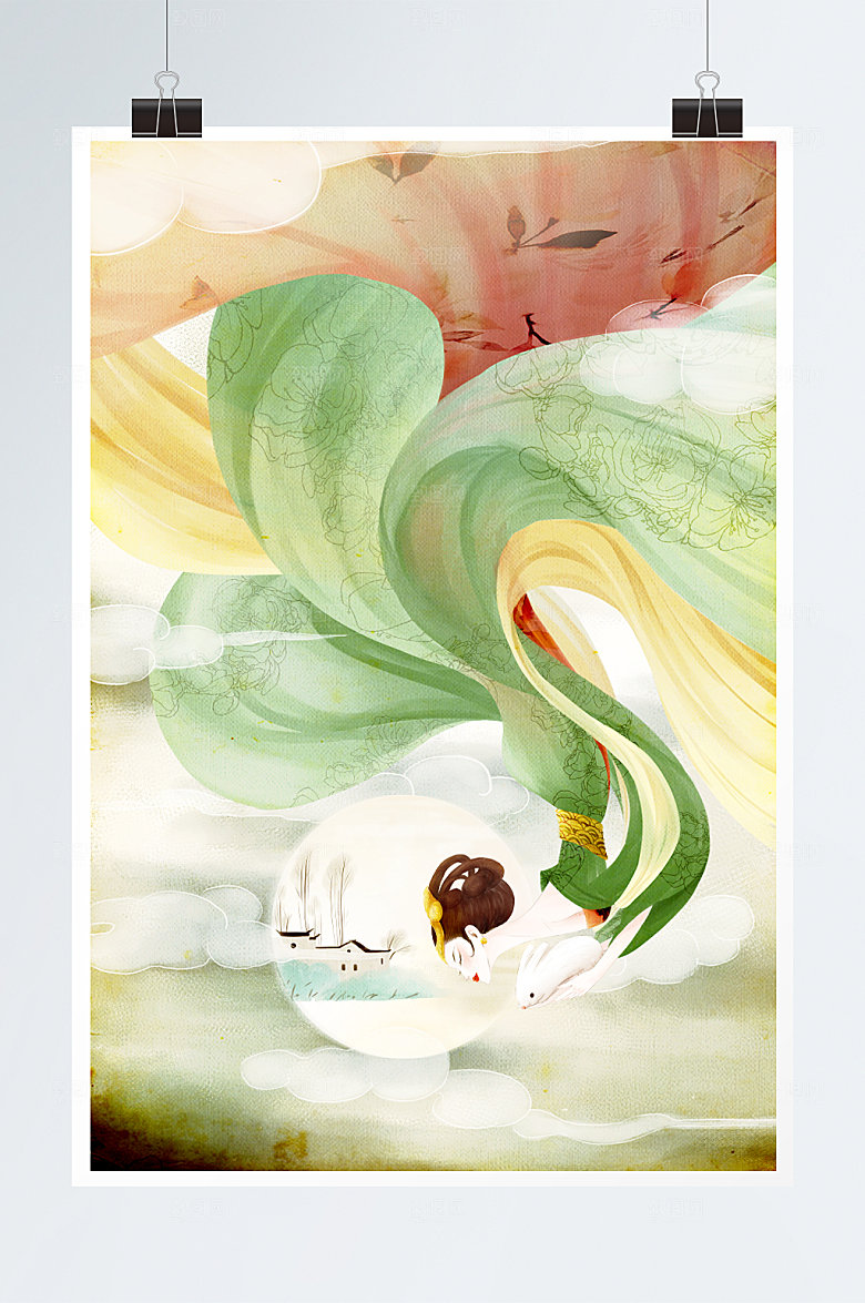 清新嫦娥奔月中秋节人物插画素材