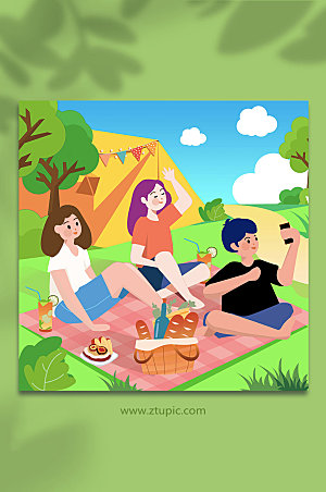 卡通野外露营郊游人物插画设计