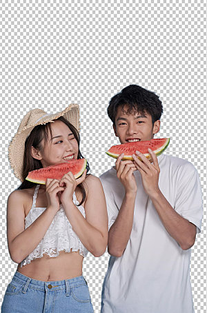 夏日情侣吃西瓜泳装免抠摄影图