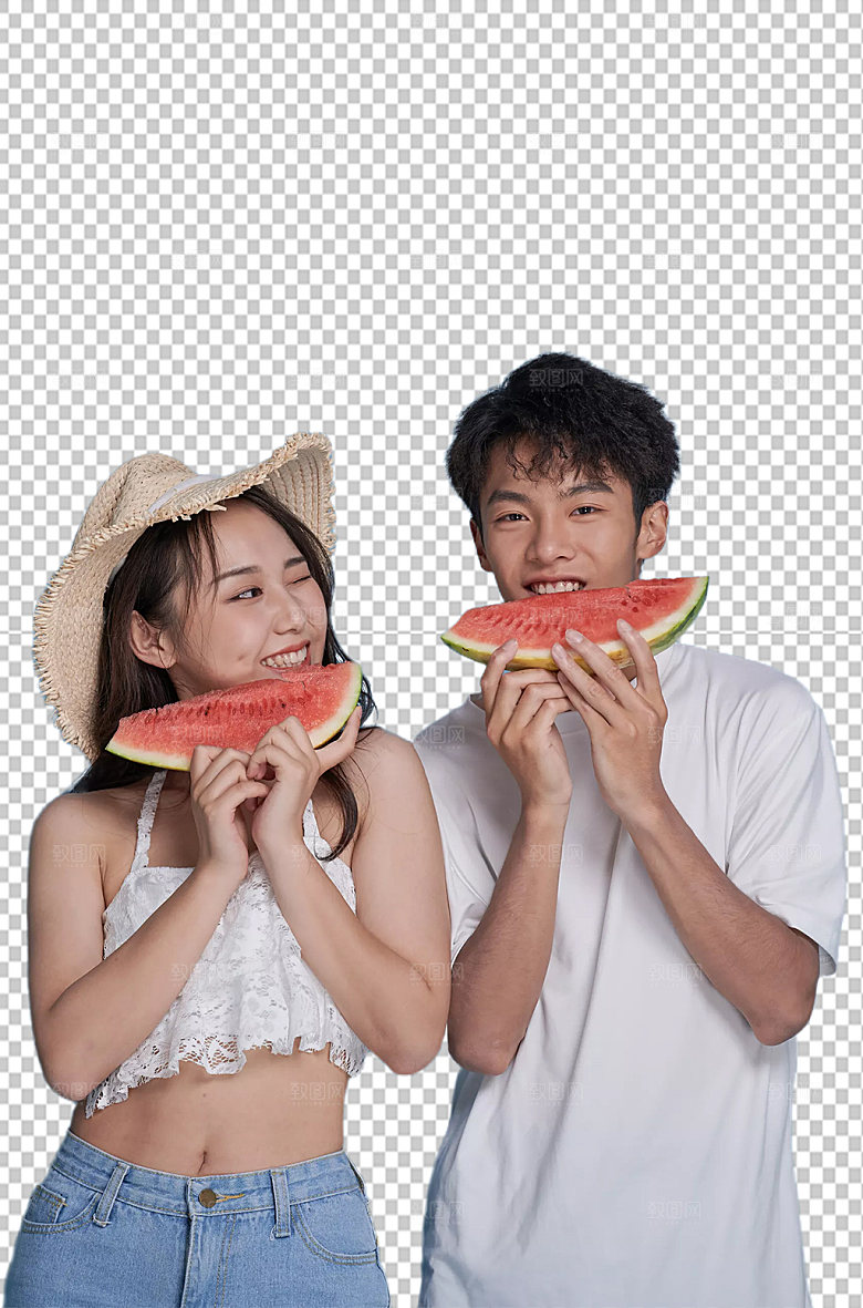 夏日情侣吃西瓜泳装免抠摄影图