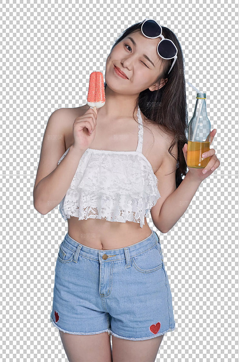 女生吃雪糕人物泳装免抠摄影图