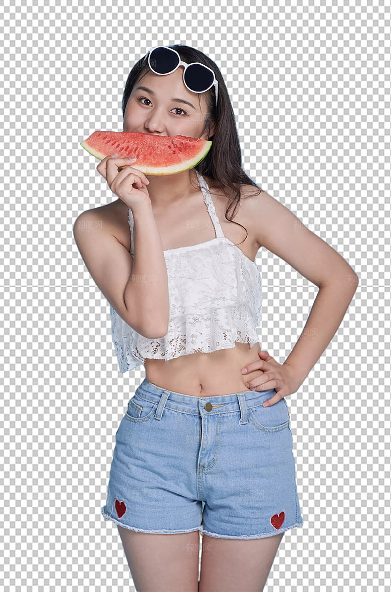 女生吃西瓜人物泳装免抠摄影图