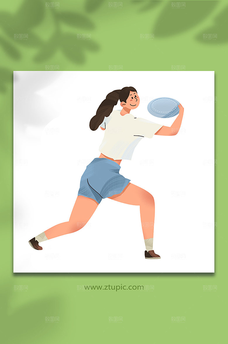 可爱女生玩飞盘人物插画
