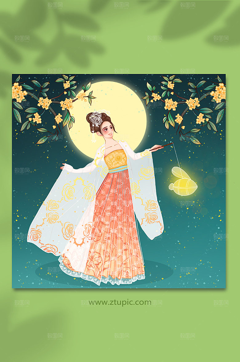卡通中秋节嫦娥赏桂花插画素材
