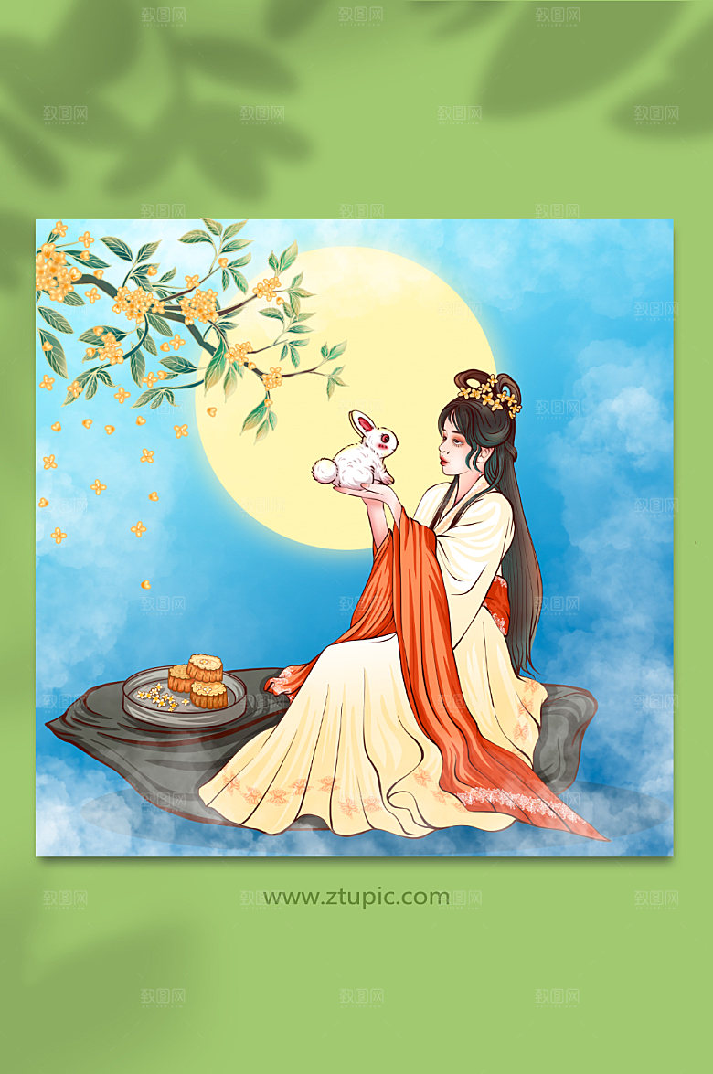 手绘中秋节嫦娥赏月桂插画设计