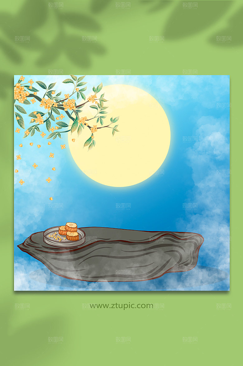 卡通桂花赏月中秋插画背景元素