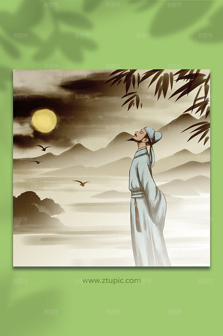 手绘李白明月古代名人插画水彩