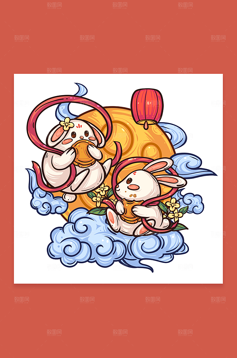 卡通双兔月饼中秋节人物插画素材