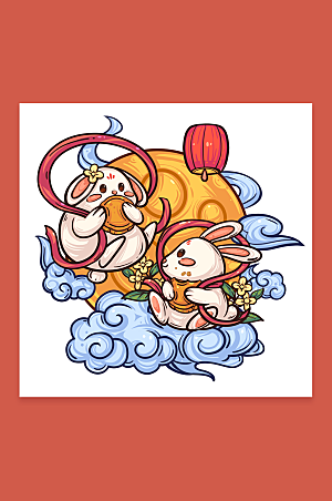 卡通双兔月饼中秋节人物插画素材
